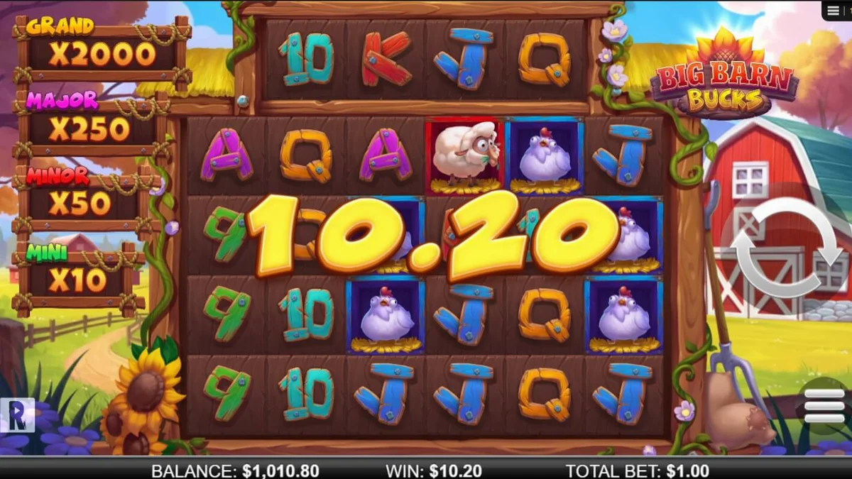 Tampilan visual slot Big Barn Bucks dengan tema peternakan dan simbol hewan